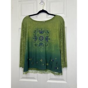 Vintage Nancy Bolen City Girl Shirt Green Beads Sequin Womens Size X Large
